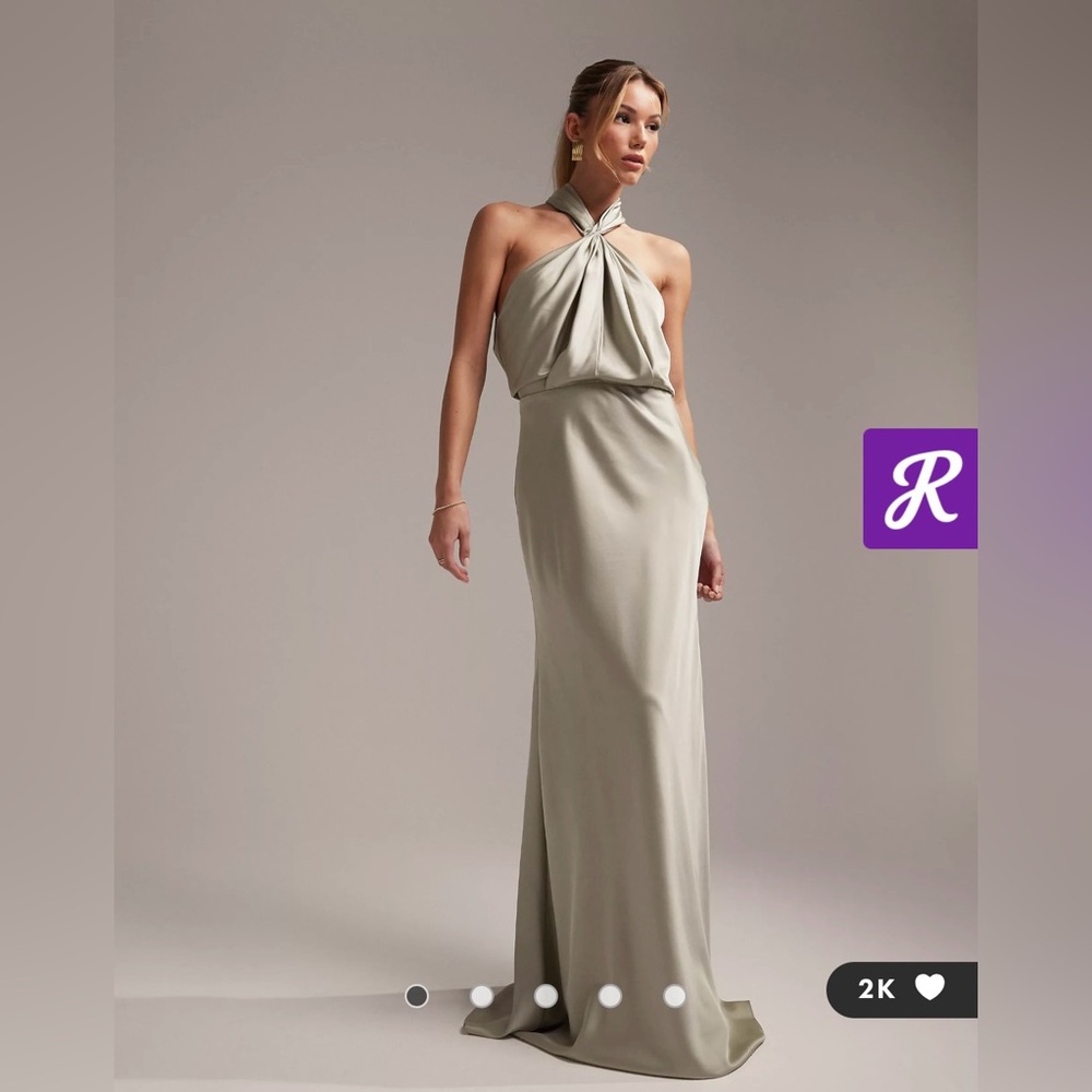 Bridesmaid satin ruched halter neck maxi dress in sage green